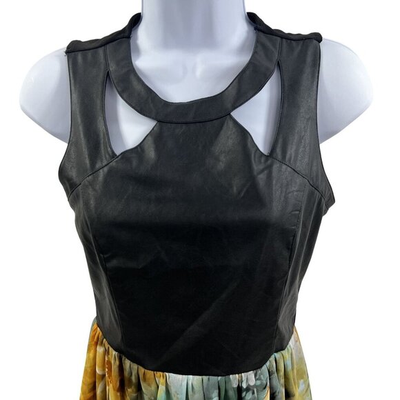 Black M Vegan Leather Cutout Floral Chiffon Maxi Sleeveless Dress Feminine Edgy - Picture 11 of 15